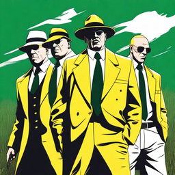 A high-quality digital art image showcasing three intimidating mafia characters on a green field