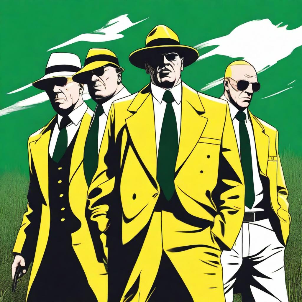 A high-quality digital art image showcasing three intimidating mafia characters on a green field