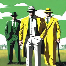 A high-quality digital art image showcasing three intimidating mafia characters on a green field