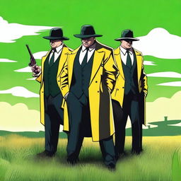 A high-quality digital art image showcasing three intimidating mafia characters on a green field