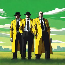 A high-quality digital art image showcasing three intimidating mafia characters on a green field