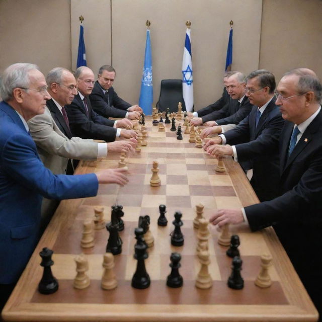 An artistic representation of the UN Security Council being guided by the metaphorical hands of Israel, perhaps visualized through large hands delicately maneuvering chess pieces with flags of the council's member nations.