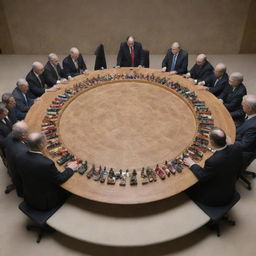 An artistic representation of the UN Security Council being guided by the metaphorical hands of Israel, perhaps visualized through large hands delicately maneuvering chess pieces with flags of the council's member nations.