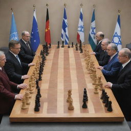 An artistic representation of the UN Security Council being guided by the metaphorical hands of Israel, perhaps visualized through large hands delicately maneuvering chess pieces with flags of the council's member nations.