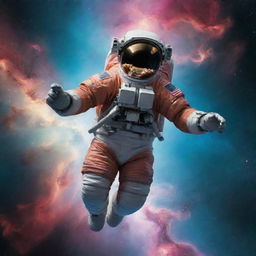 An astronaut floating in zero gravity with a vibrant nebula and distant stars in the background