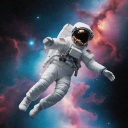 An astronaut floating in zero gravity with a vibrant nebula and distant stars in the background