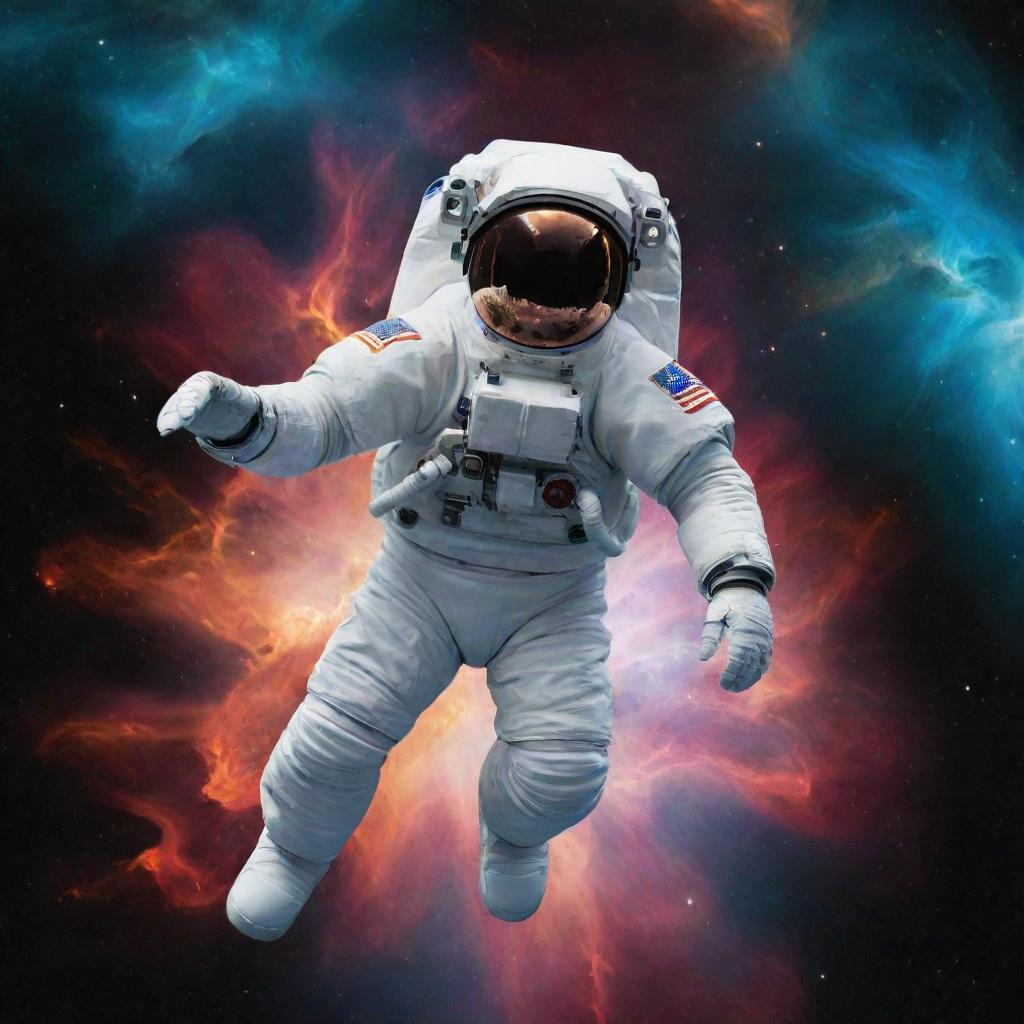 An astronaut floating in zero gravity with a vibrant nebula and distant stars in the background