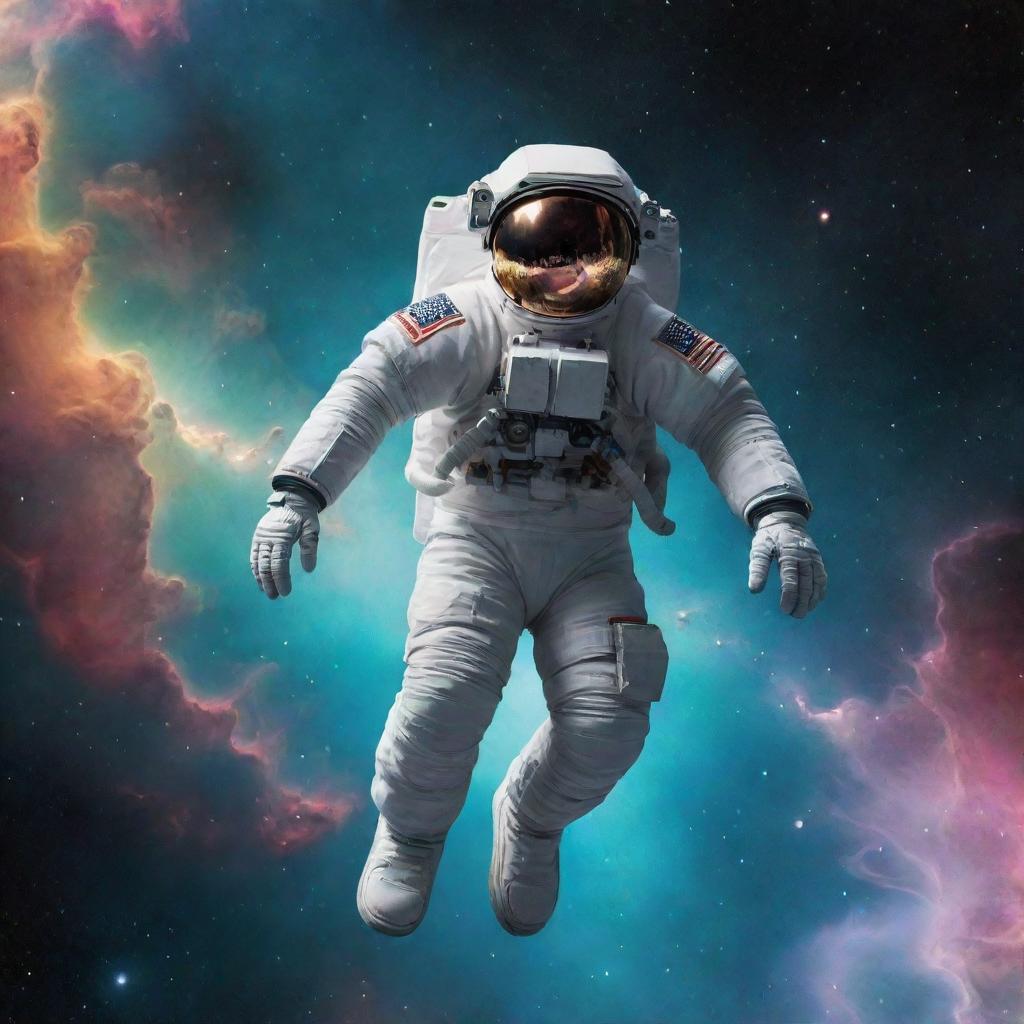 An astronaut floating in zero gravity with a vibrant nebula and distant stars in the background