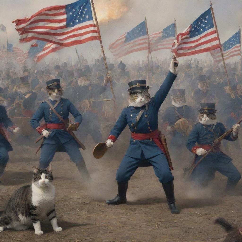 An exaggerated historical battlefield scene with armies of cats dressed in American Civil War uniforms, brandishing flags, cannons, and drums, with intense expressions of determination.