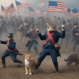 An exaggerated historical battlefield scene with armies of cats dressed in American Civil War uniforms, brandishing flags, cannons, and drums, with intense expressions of determination.