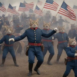 An exaggerated historical battlefield scene with armies of cats dressed in American Civil War uniforms, brandishing flags, cannons, and drums, with intense expressions of determination.