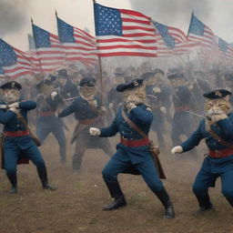 An exaggerated historical battlefield scene with armies of cats dressed in American Civil War uniforms, brandishing flags, cannons, and drums, with intense expressions of determination.