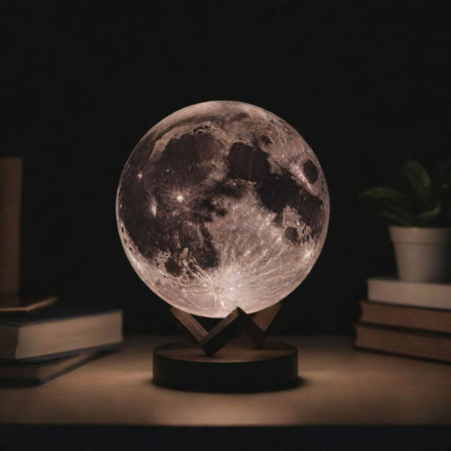 A galactic moon lamp glowing softly against a dark background