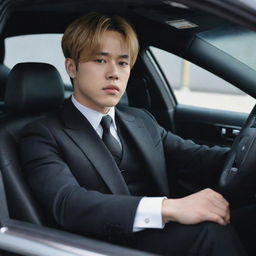 BTS Jimin dressed in a dark tailored suit, behind the wheel of a luxury black car, his face serious and determined, reflecting the aura of a mafia boss.