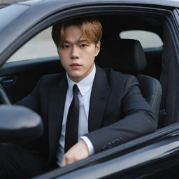 BTS Jimin dressed in a dark tailored suit, behind the wheel of a luxury black car, his face serious and determined, reflecting the aura of a mafia boss.