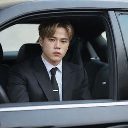 BTS Jimin dressed in a dark tailored suit, behind the wheel of a luxury black car, his face serious and determined, reflecting the aura of a mafia boss.