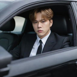 BTS Jimin dressed in a dark tailored suit, behind the wheel of a luxury black car, his face serious and determined, reflecting the aura of a mafia boss.