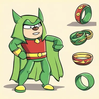 In the cartoon, the character found a tombac ring that transformed them into a superhero whenever they wore it.