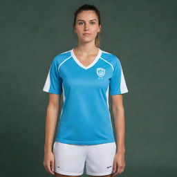 An aqua blue and white mixed tennis jersey, featuring the word 'Invictus' written vertically on one side of the front.