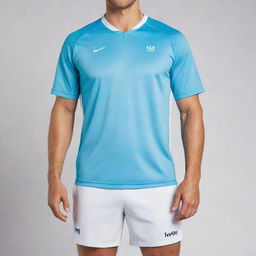 An aqua blue and white mixed tennis jersey, featuring the word 'Invictus' written vertically on one side of the front.