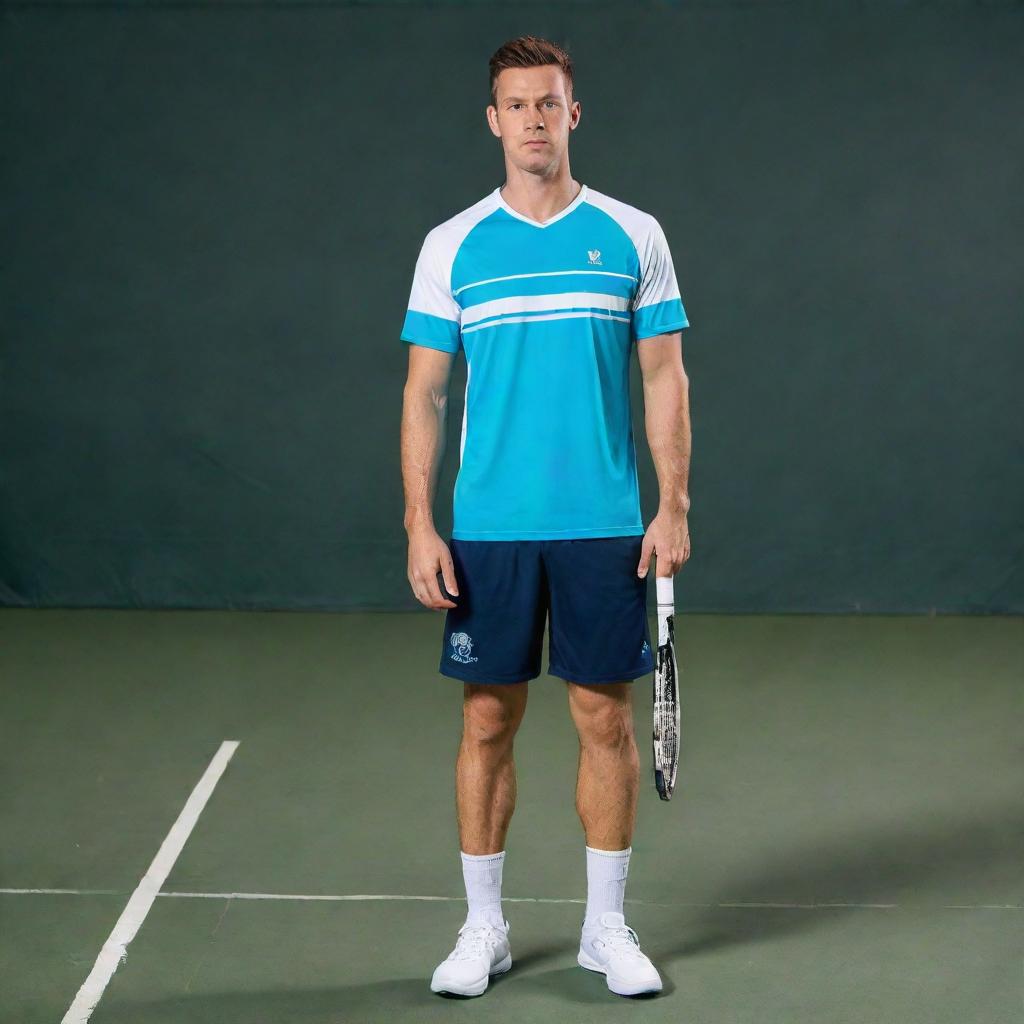 An aqua blue and white mixed tennis jersey, featuring the word 'Invictus' written vertically on one side of the front.