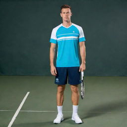 An aqua blue and white mixed tennis jersey, featuring the word 'Invictus' written vertically on one side of the front.