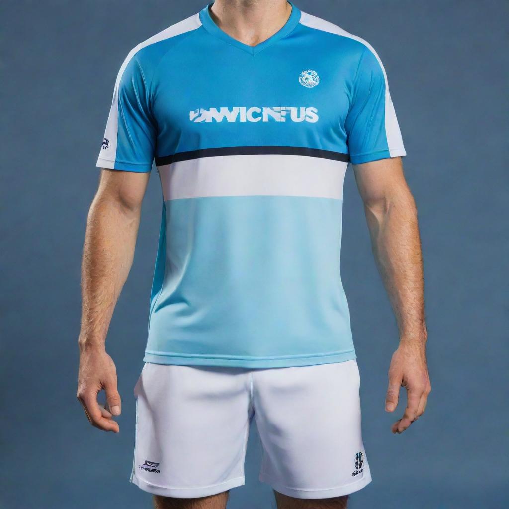 An aqua blue and white mixed tennis jersey, featuring the word 'Invictus' written vertically on one side of the front.