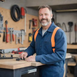 Handyman, adorning a protective gear, diligently working in a well-lit garage, using specialty tools with organised tool rack in the background.