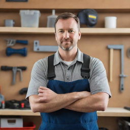 Handyman, adorning a protective gear, diligently working in a well-lit garage, using specialty tools with organised tool rack in the background.