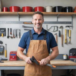 Handyman, adorning a protective gear, diligently working in a well-lit garage, using specialty tools with organised tool rack in the background.