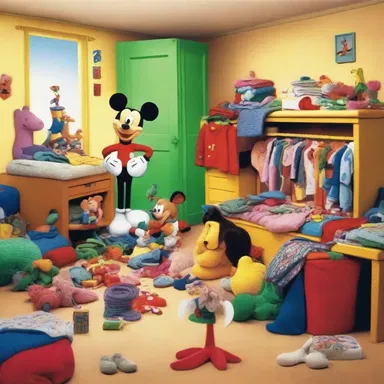 The goofy cartoon character's room was always untidily filled with piles of clothes and toys.