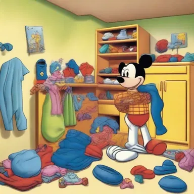 The goofy cartoon character's room was always untidily filled with piles of clothes and toys.