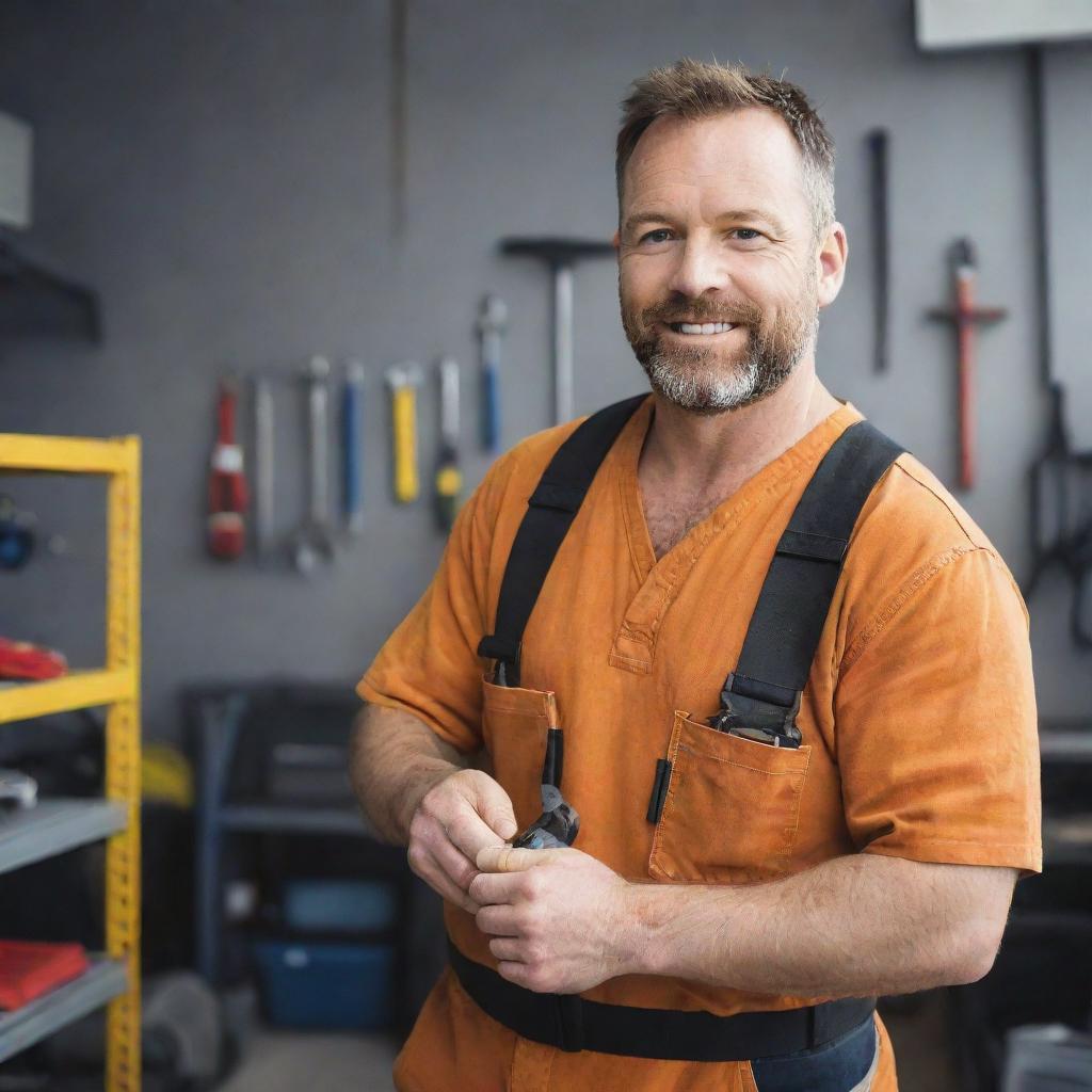 Handyman, adorning a protective gear, diligently working in a well-lit garage, using specialty tools with organised tool rack in the background.