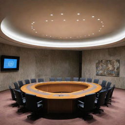 An intriguing image displaying the UN Security Council meeting room with an unexpected element, a mysterious tomb, placed prominently within its confines.