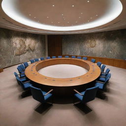 An intriguing image displaying the UN Security Council meeting room with an unexpected element, a mysterious tomb, placed prominently within its confines.