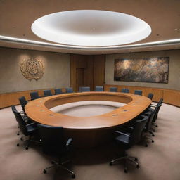 An intriguing image displaying the UN Security Council meeting room with an unexpected element, a mysterious tomb, placed prominently within its confines.