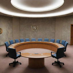 An intriguing image displaying the UN Security Council meeting room with an unexpected element, a mysterious tomb, placed prominently within its confines.