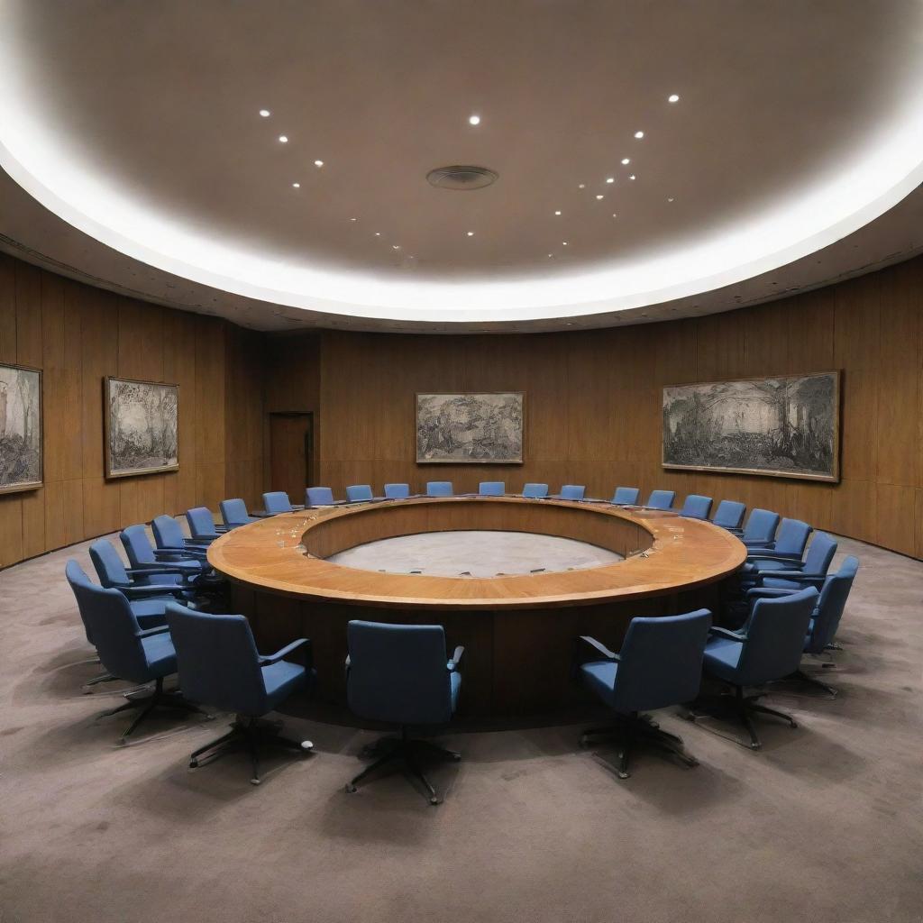 An unusual depiction of the UN Security Council meeting room, containing a grave within its perimeter, symbolising a darkened aura.