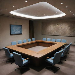 An unusual depiction of the UN Security Council meeting room, containing a grave within its perimeter, symbolising a darkened aura.