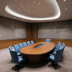 An unusual depiction of the UN Security Council meeting room, containing a grave within its perimeter, symbolising a darkened aura.