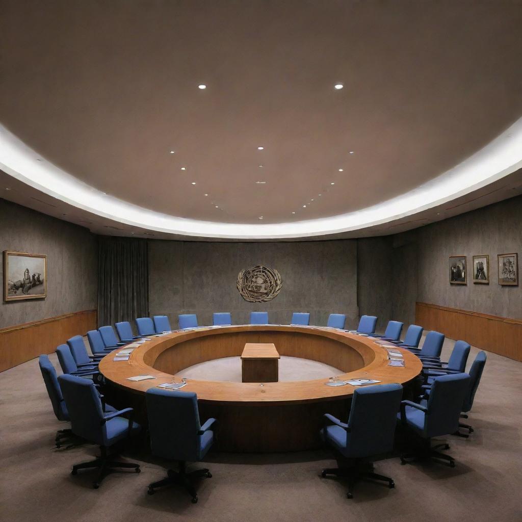 An unusual depiction of the UN Security Council meeting room, containing a grave within its perimeter, symbolising a darkened aura.