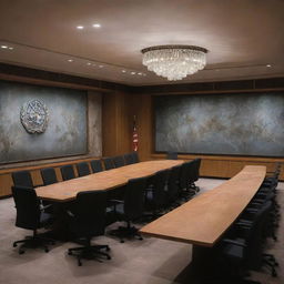 A fantastical picture of the UN Security Council meeting room, unusually containing graves and ethereal ghostly figures, creating a chilling spectral atmosphere.