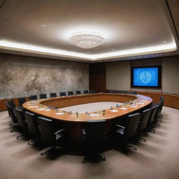 A fantastical picture of the UN Security Council meeting room, unusually containing graves and ethereal ghostly figures, creating a chilling spectral atmosphere.