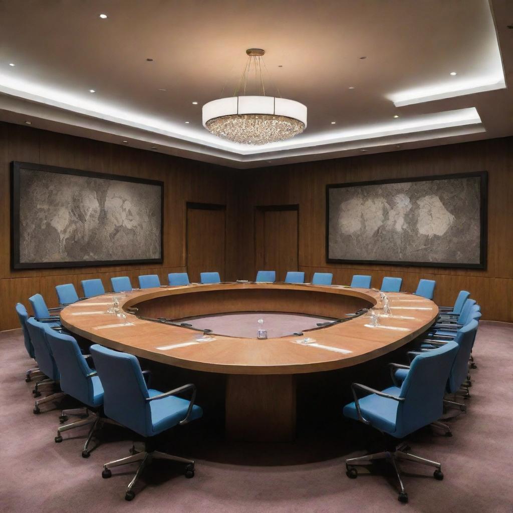 A fantastical picture of the UN Security Council meeting room, unusually containing graves and ethereal ghostly figures, creating a chilling spectral atmosphere.