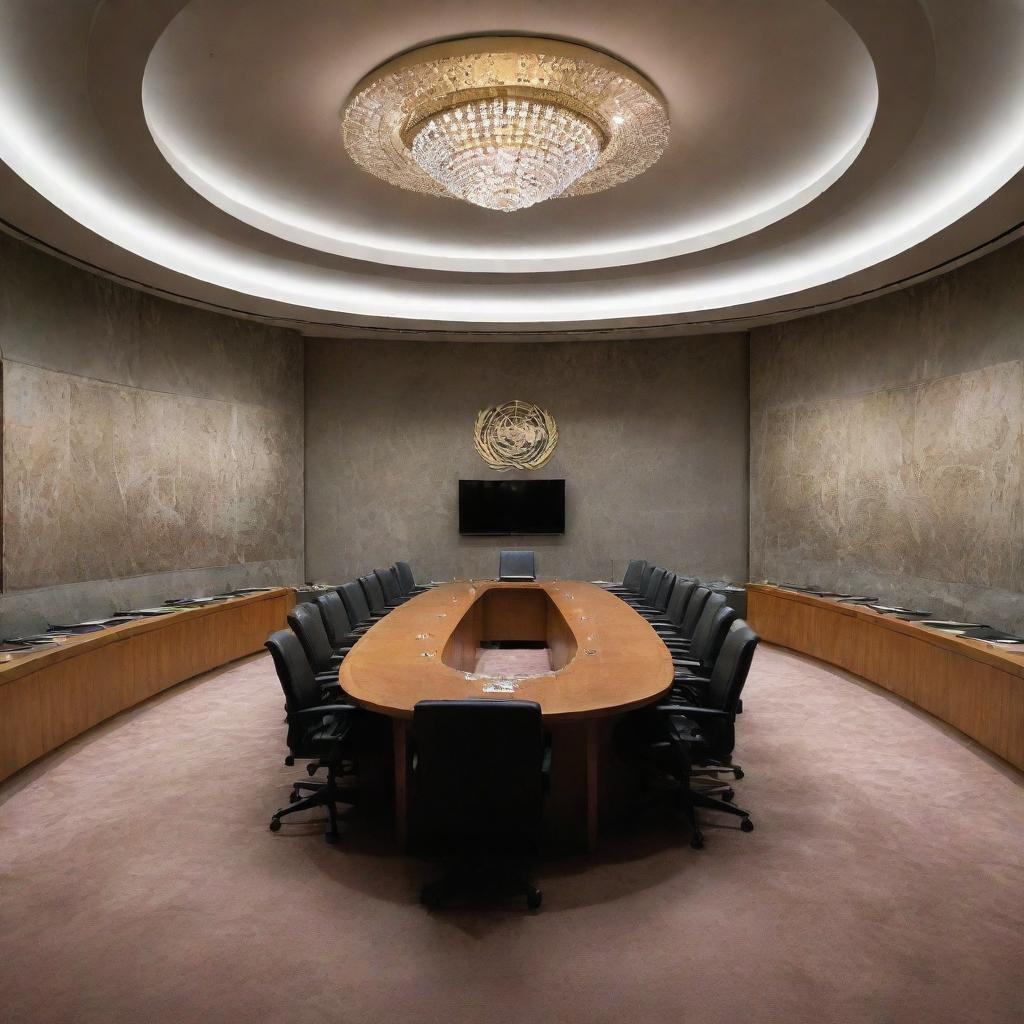 A fantastical picture of the UN Security Council meeting room, unusually containing graves and ethereal ghostly figures, creating a chilling spectral atmosphere.