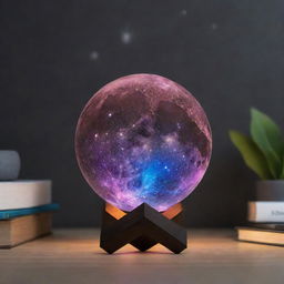 A captivating image of a galaxy moon lamp, brilliantly glowing with cosmic hues, set on a minimalist background