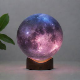 A captivating image of a galaxy moon lamp, brilliantly glowing with cosmic hues, set on a minimalist background