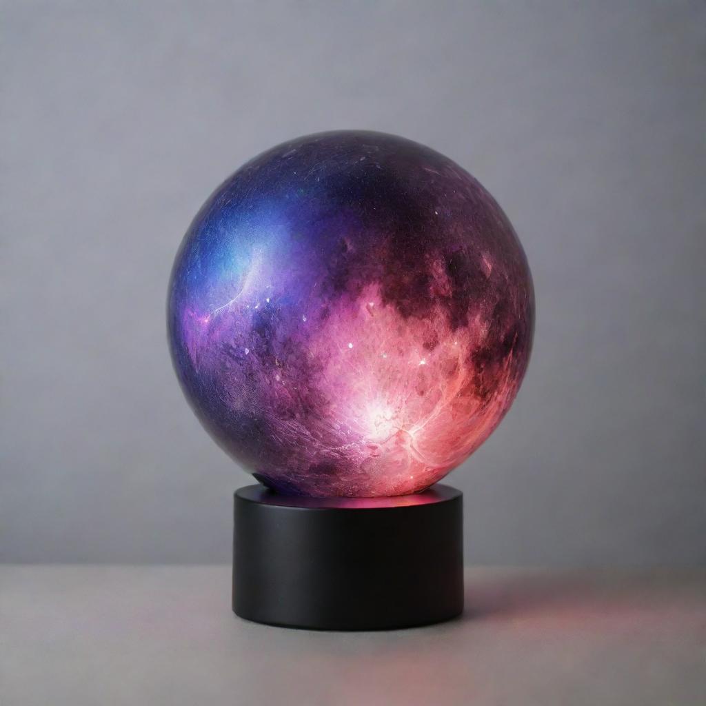 A captivating image of a galaxy moon lamp, brilliantly glowing with cosmic hues, set on a minimalist background