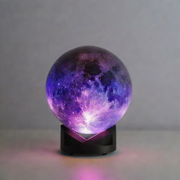 A captivating image of a galaxy moon lamp, brilliantly glowing with cosmic hues, set on a minimalist background