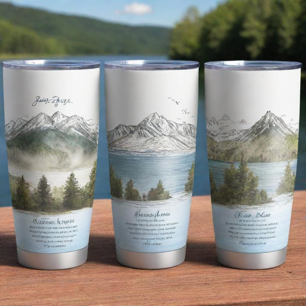 Create four distinct, visually appealing 20oz tumbler designs featuring various mathematical formulas and scenic landscapes. Each design should feel harmonious and be optimized for sublimation printing with a PNG format and a transparent background.